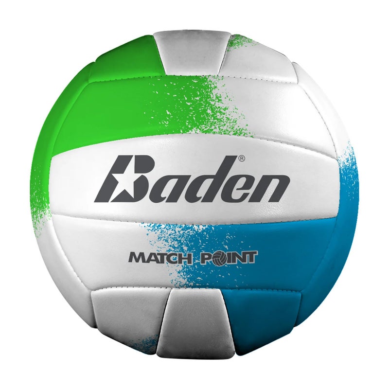 Baden | Match Point | Cushioned Synthetic Leather | Outdoor Recreation Backyard Volleyball + College Camp Ball | All Ages | Official Size 5 | Neon Green/Blue/White - Image 1